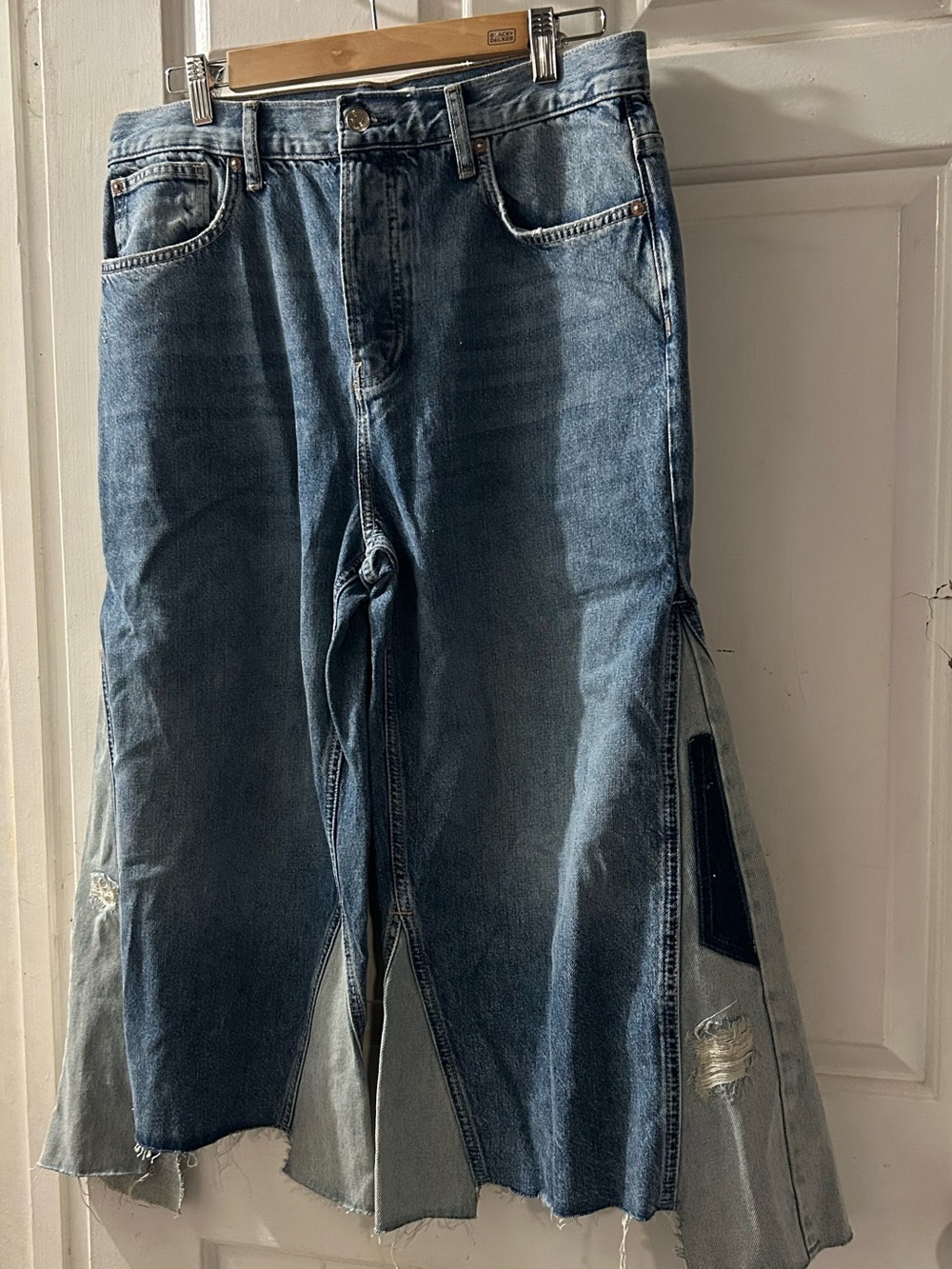 Free People Two-Tone Distressed Denim Flare Jeans - Blue